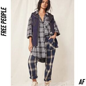 FREE PEOPLE WILDSIDE PLAID TUNIC TOP IN Blue Black Plaid XS New